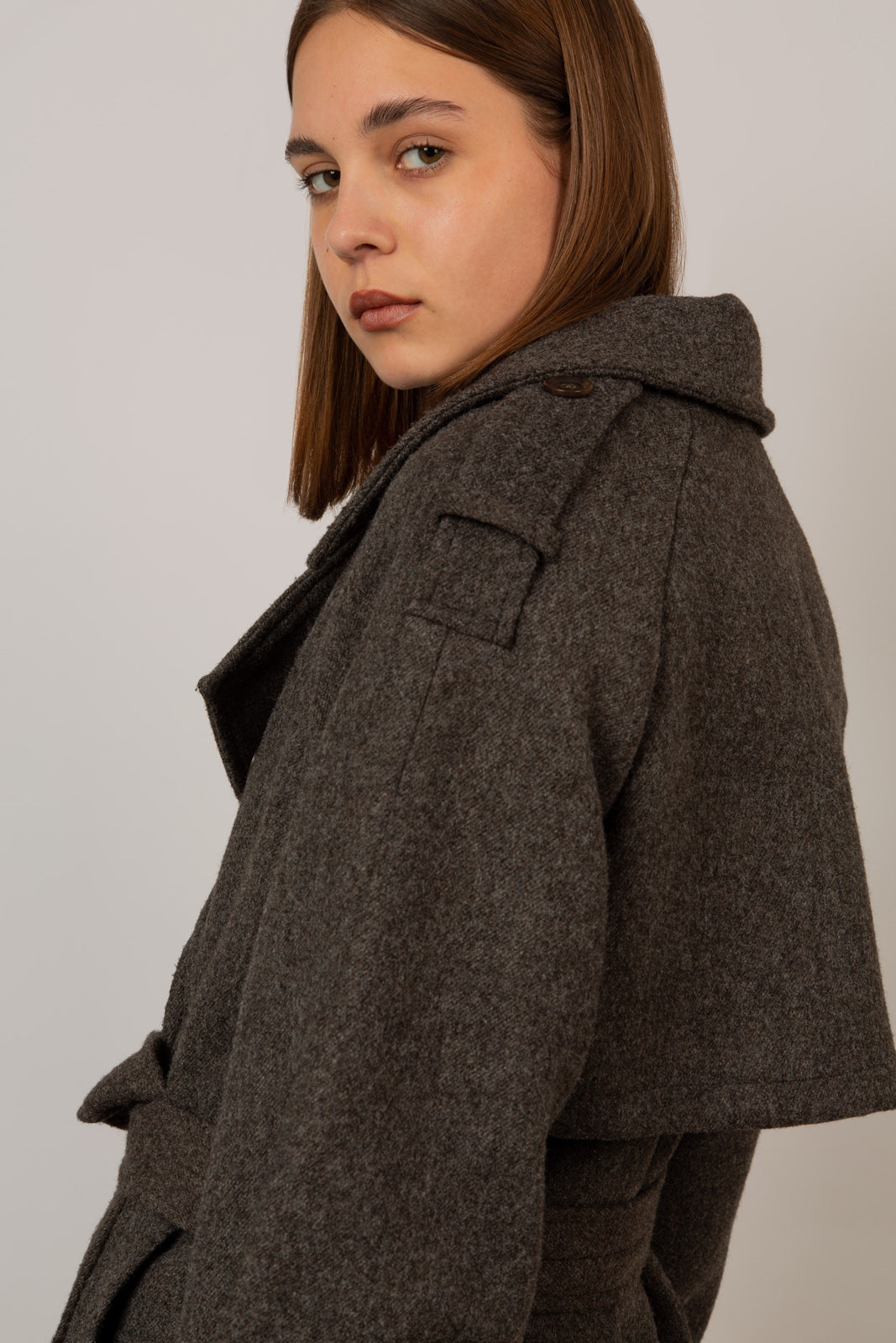 Brown wool blend double breasted belted coat