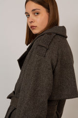 Brown wool blend double breasted belted coat