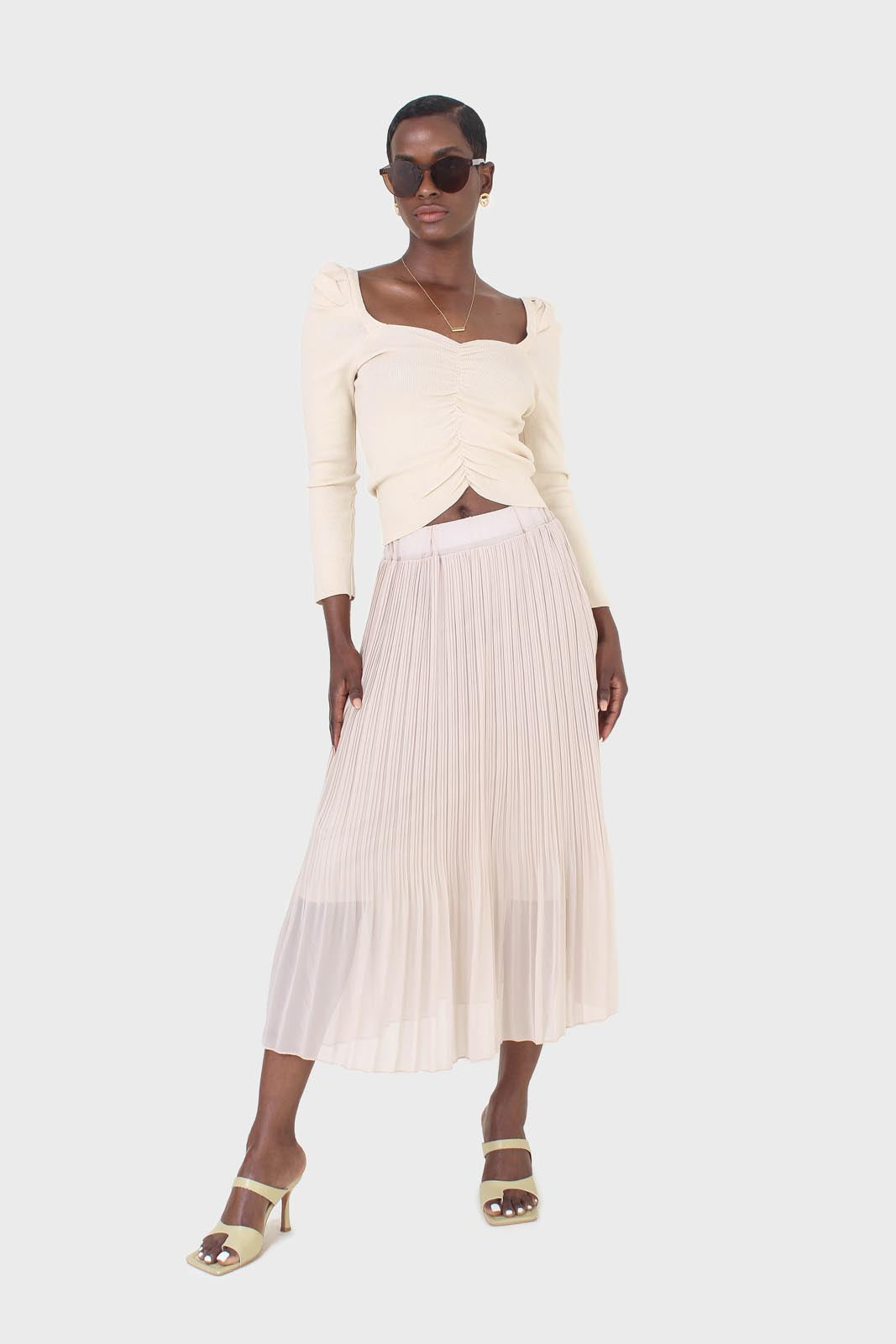 Beige silky micro pleat maxi skirt