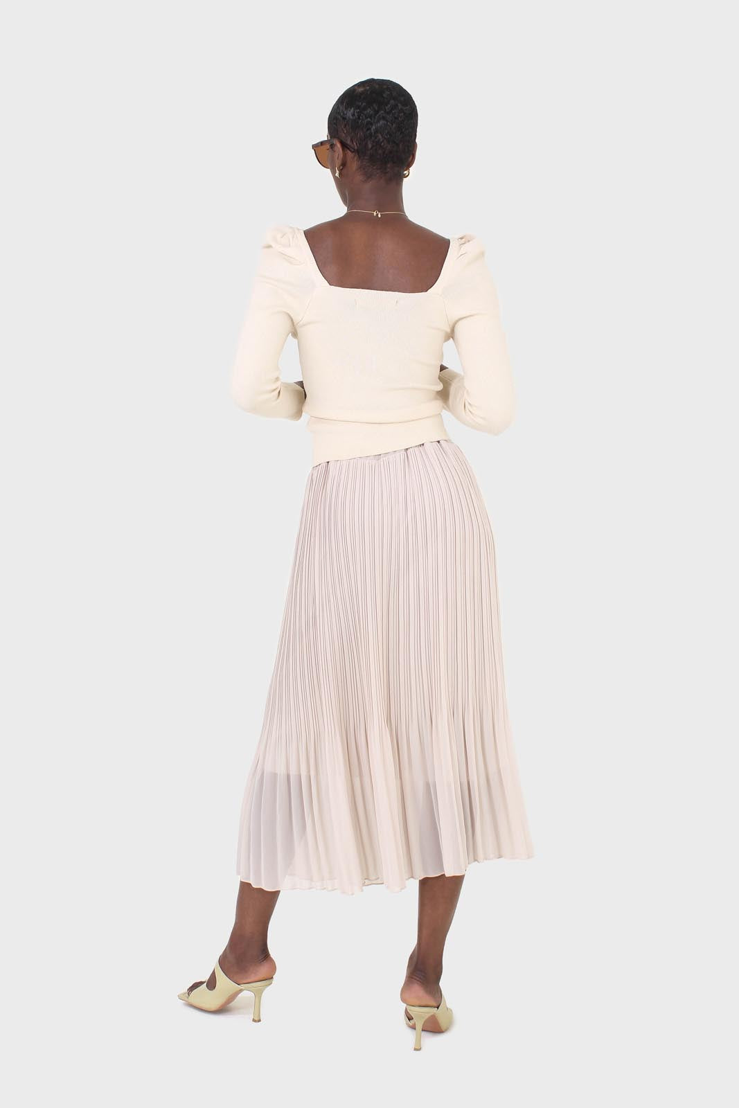 Beige silky micro pleat maxi skirt