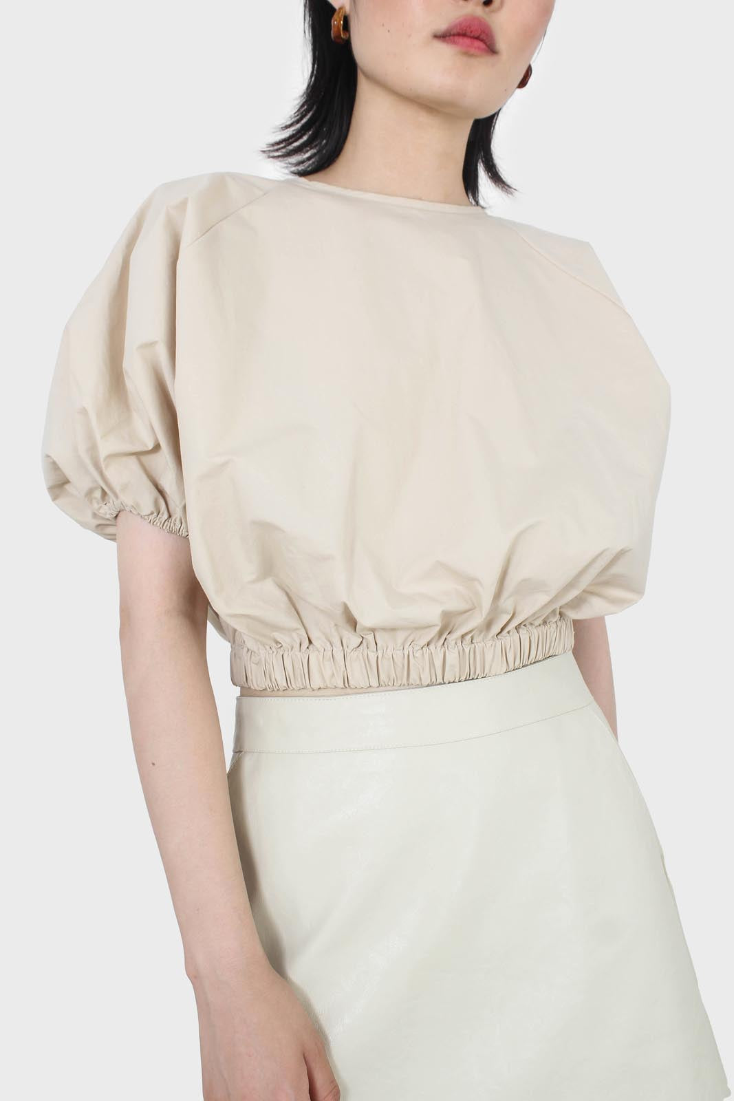 Beige ruched hem puff cropped top
