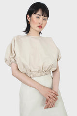 Beige ruched hem puff cropped top