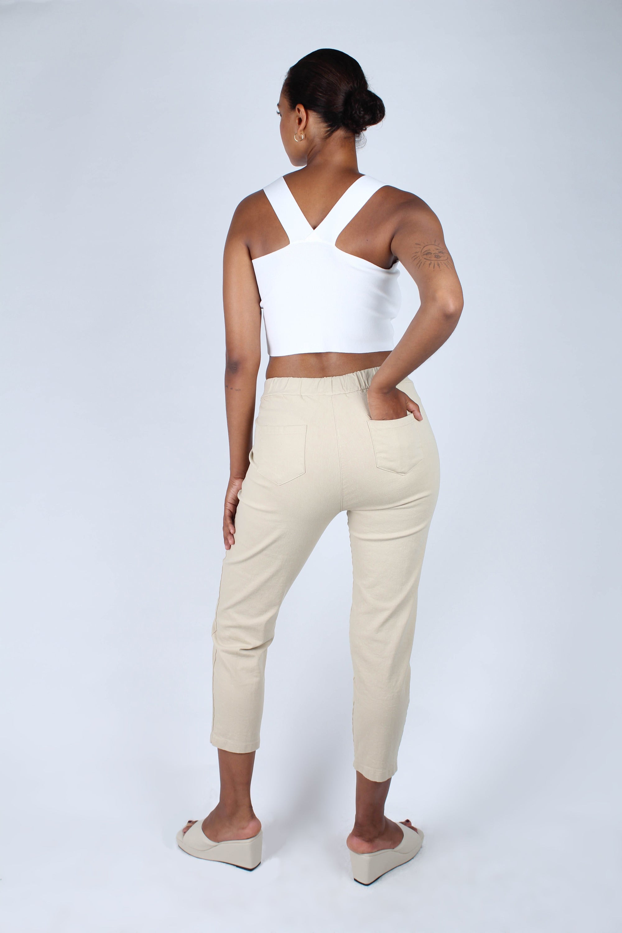 Beige dart front loose fit drawstring trousers