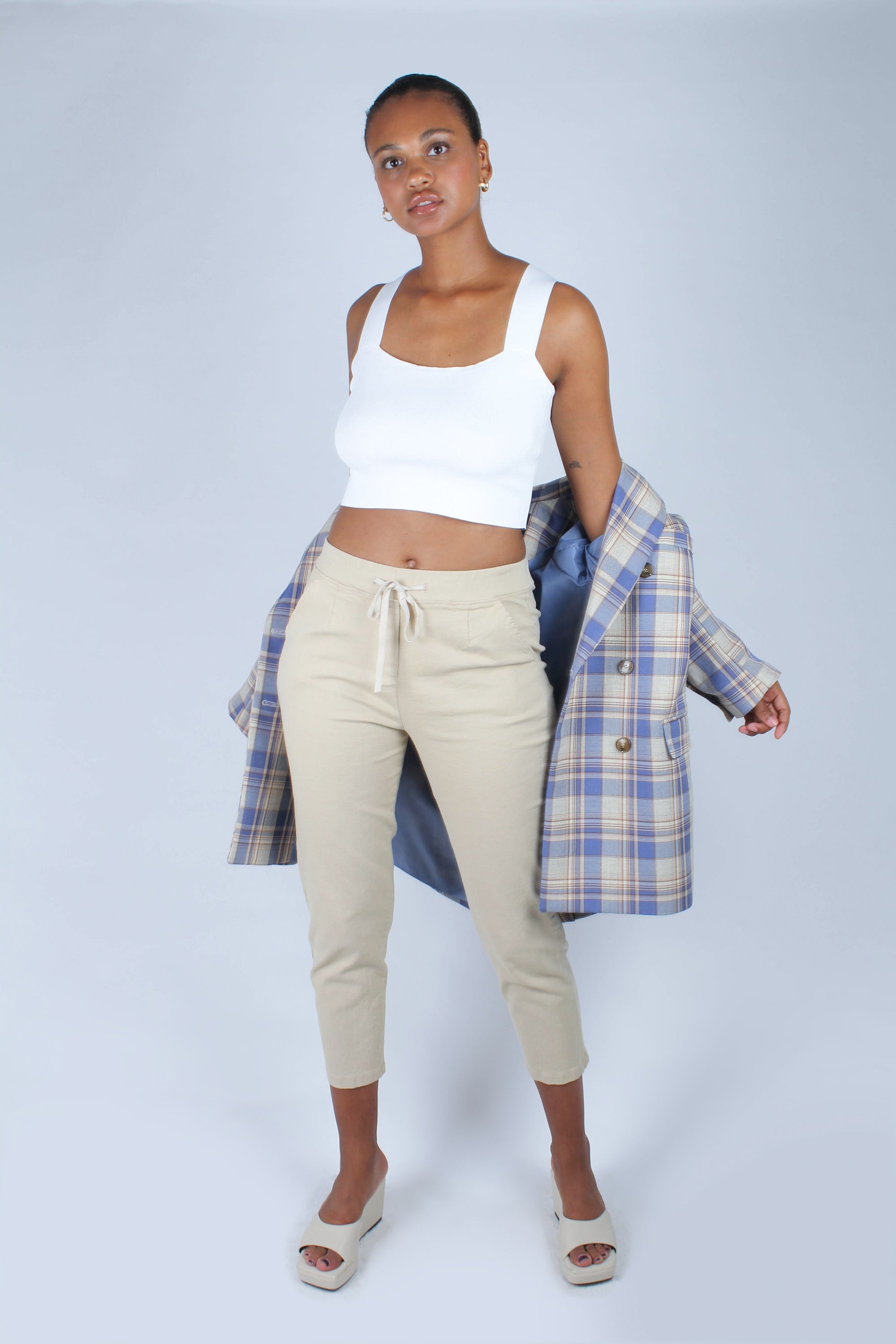 Beige dart front loose fit drawstring trousers