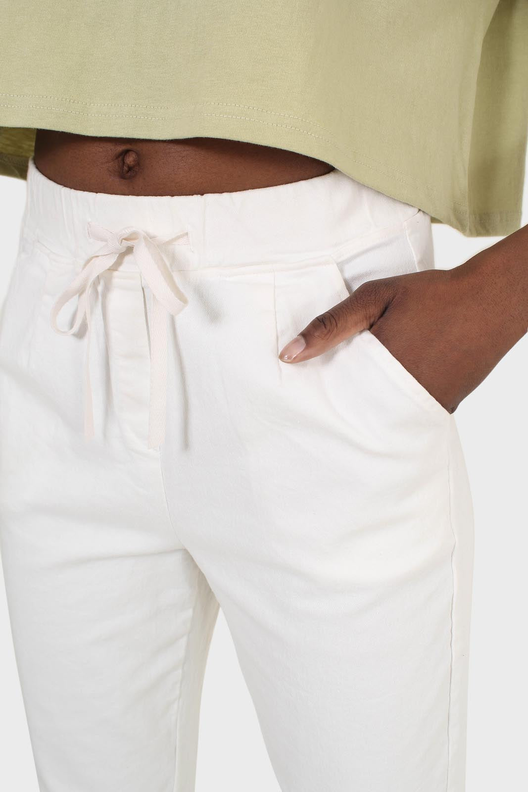 White dart front loose fit drawstring trousers