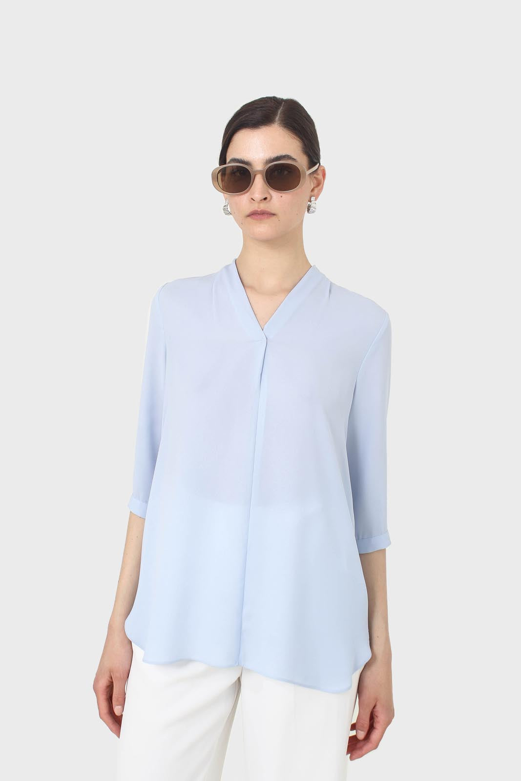 Light blue classic deep V mid sleeve blouse