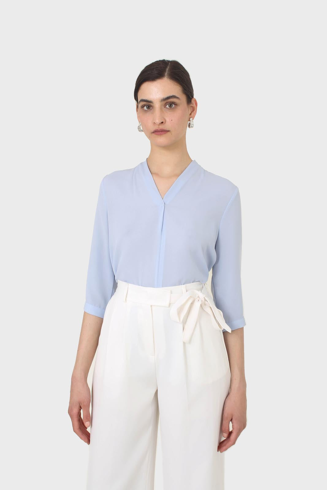 Light blue classic deep V mid sleeve blouse