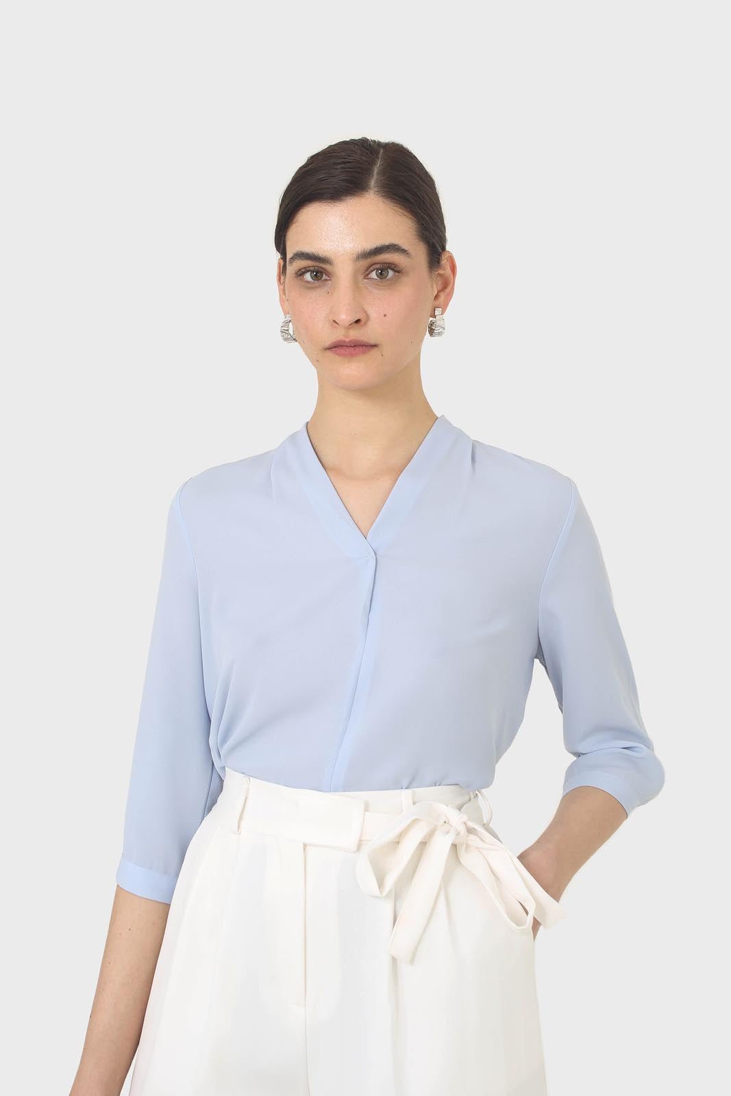 Light blue classic deep V mid sleeve blouse