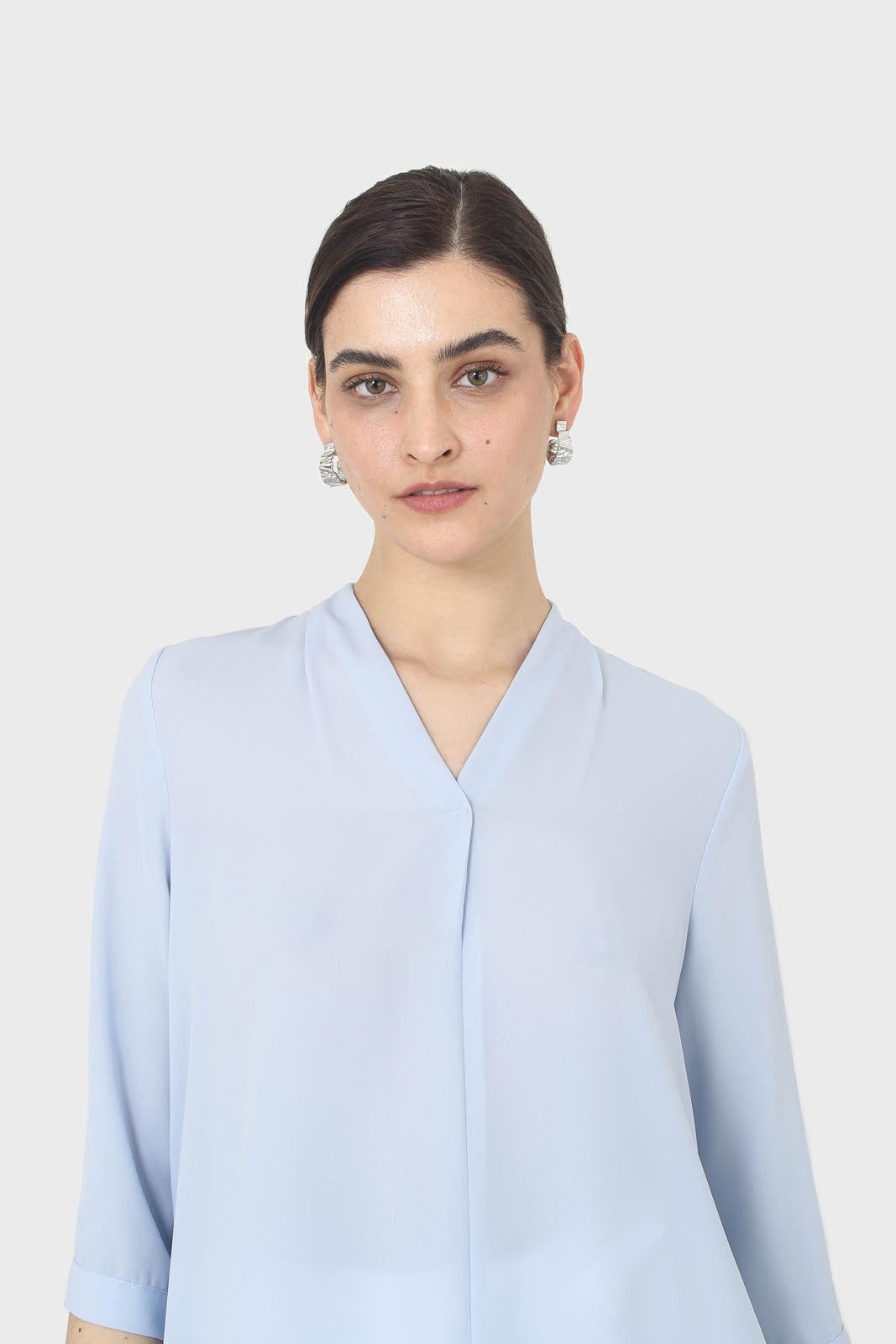 Light blue classic deep V mid sleeve blouse