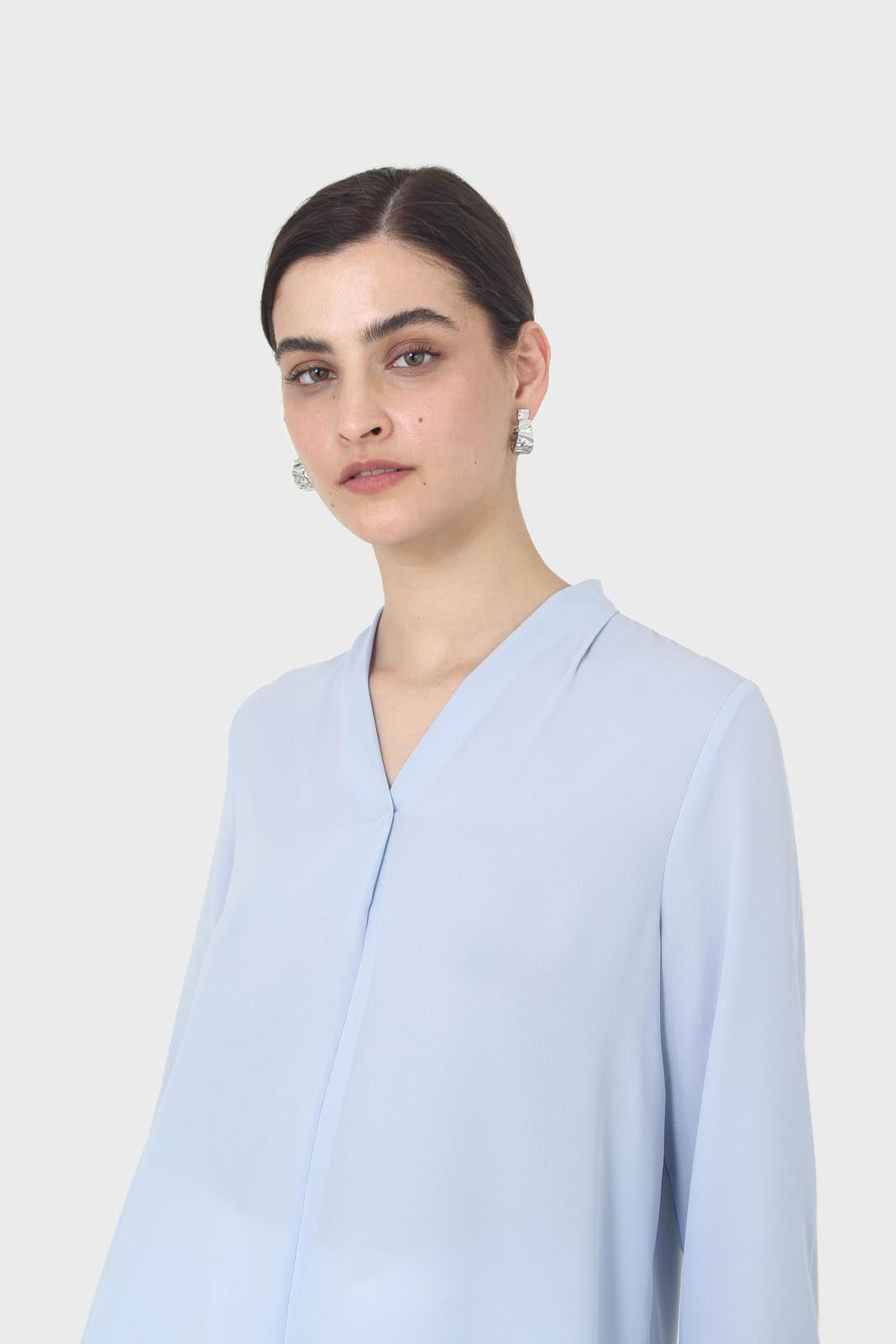 Light blue classic deep V mid sleeve blouse