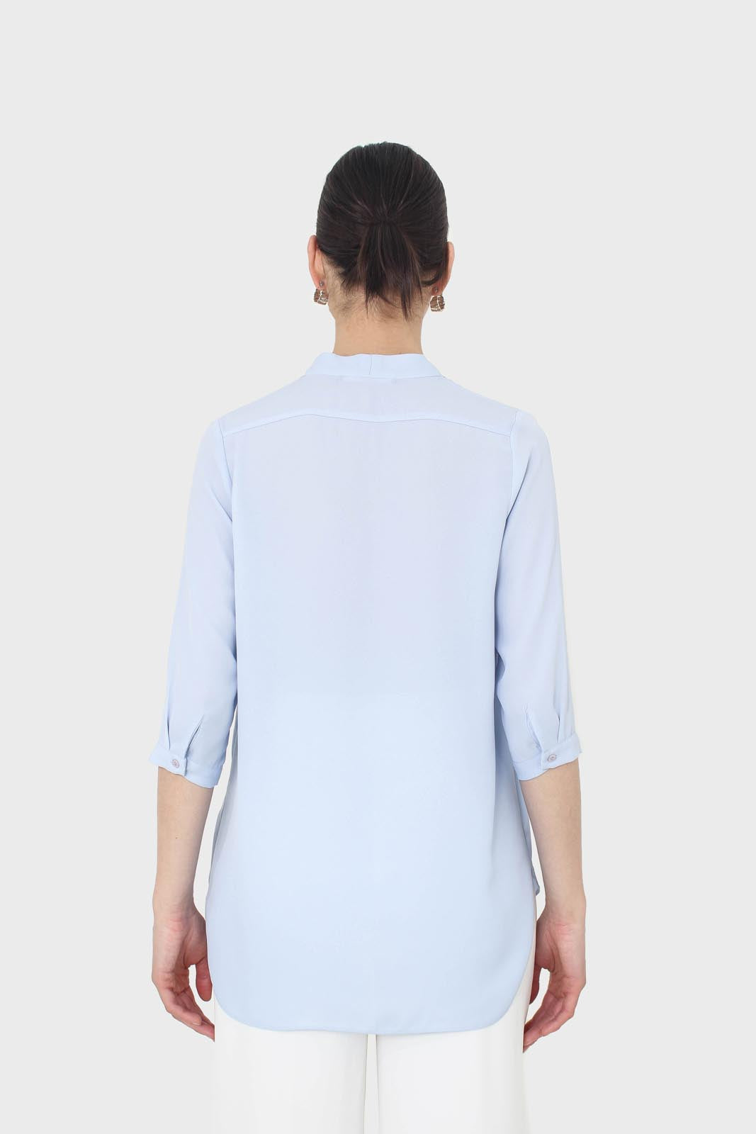 Light blue classic deep V mid sleeve blouse