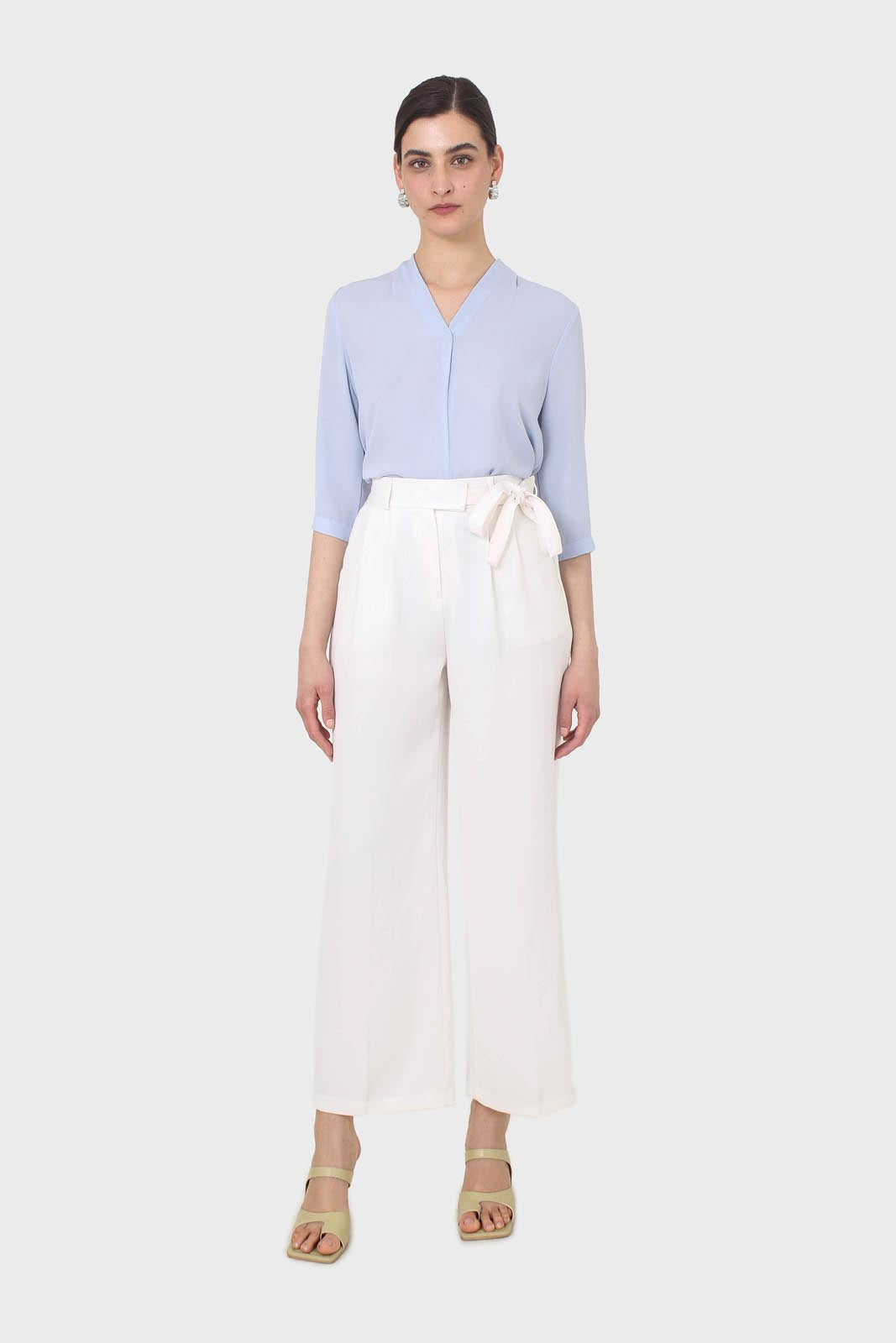 Light blue classic deep V mid sleeve blouse