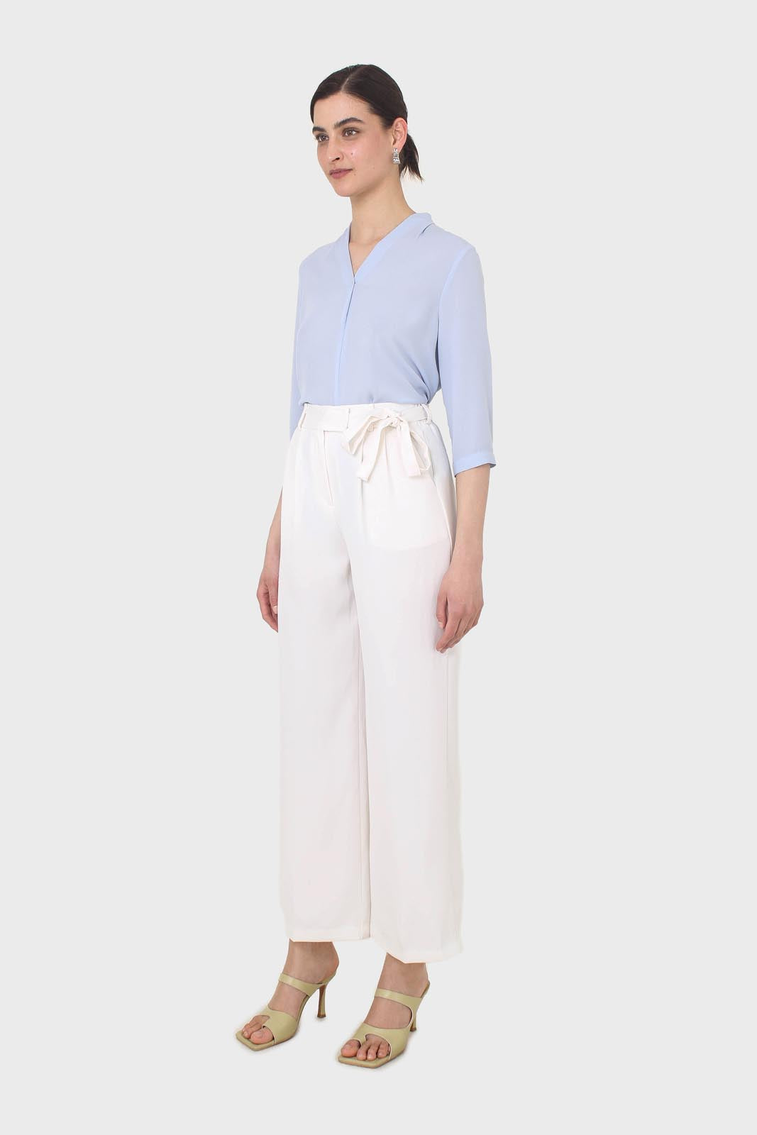 Light blue classic deep V mid sleeve blouse