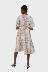 Pale blue and pink floral print layered V dress