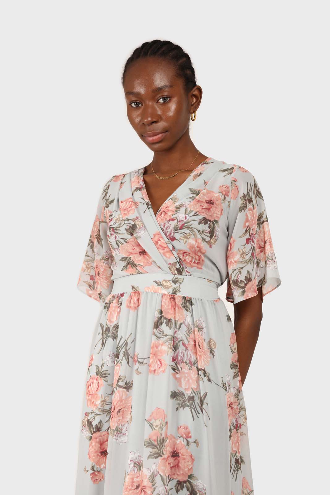 Pale blue and pink floral print layered V dress