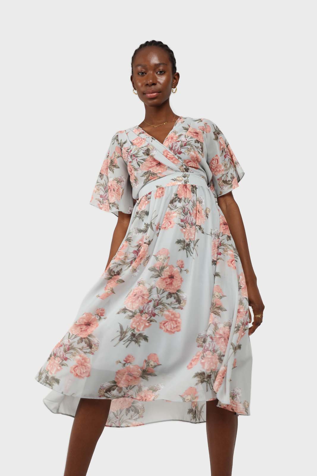 Pale blue and pink floral print layered V dress