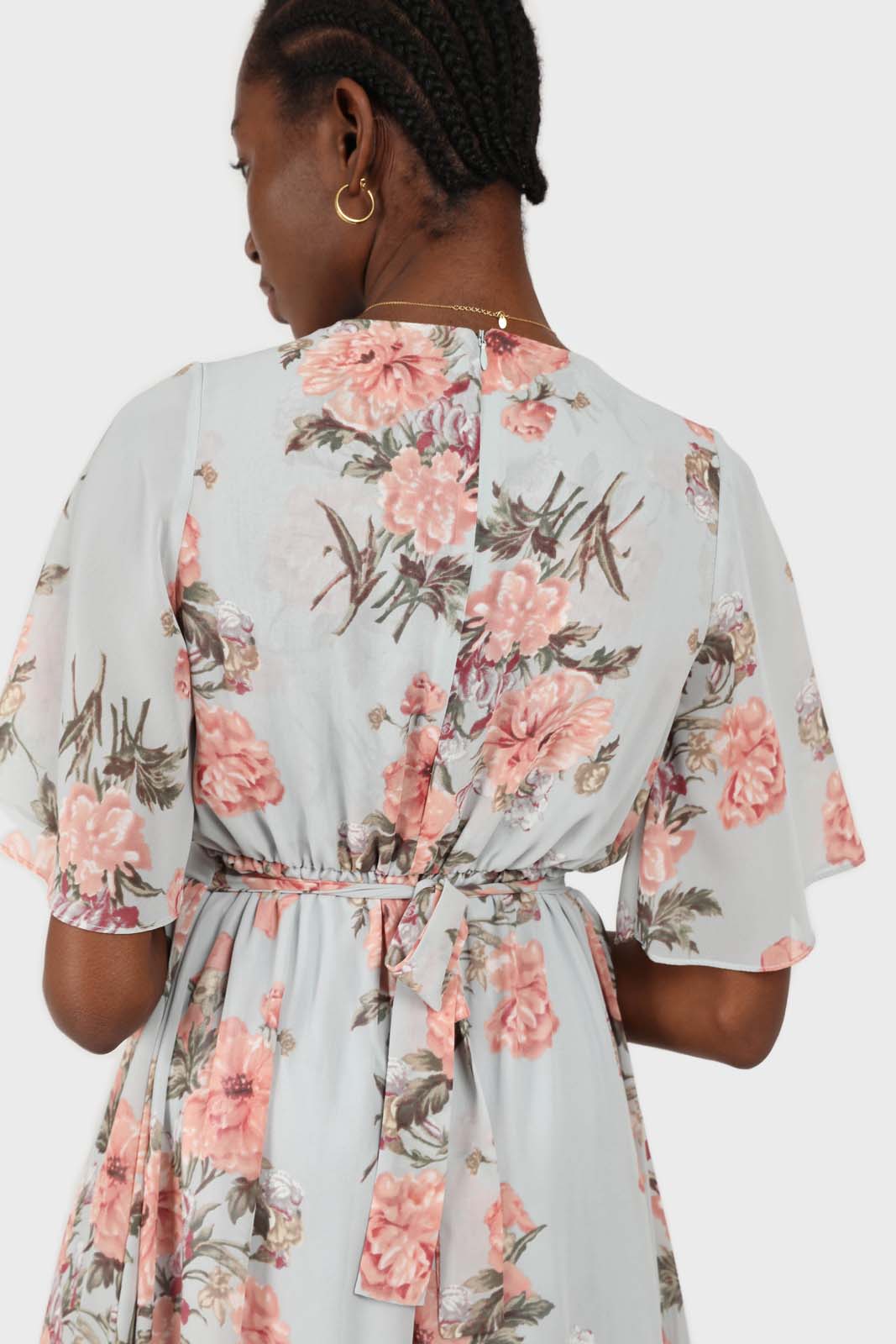 Pale blue and pink floral print layered V dress