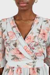 Pale blue and pink floral print layered V dress