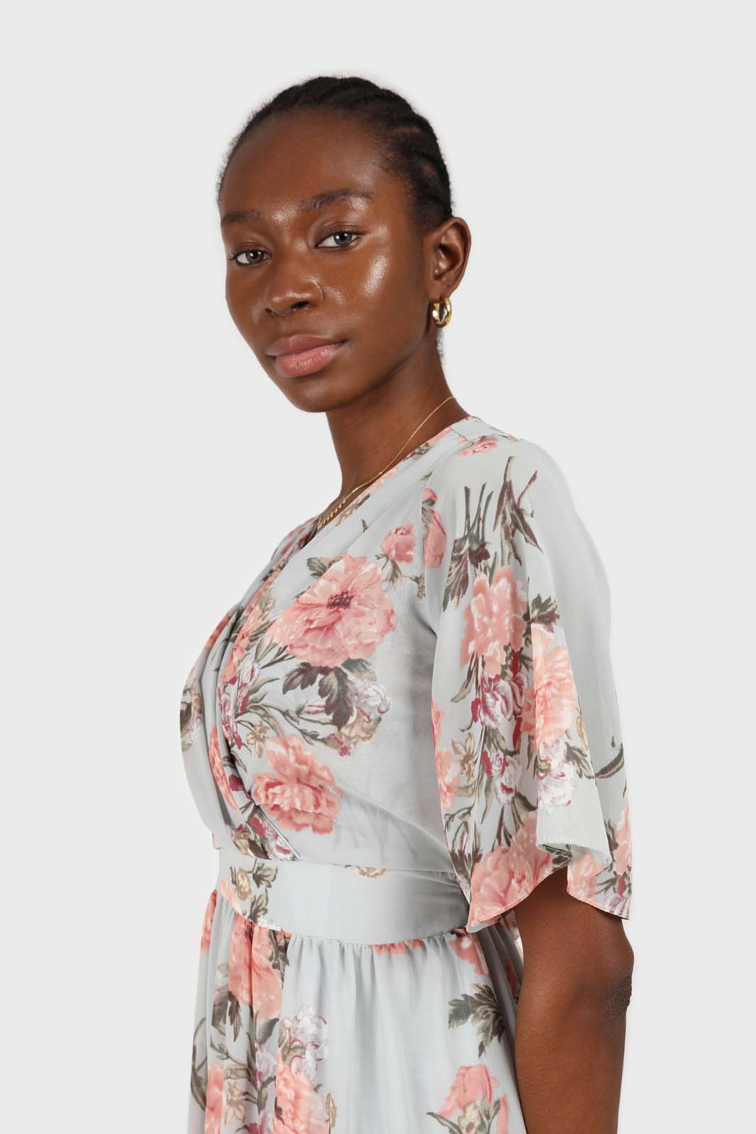 Pale blue and pink floral print layered V dress