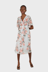 Pale blue and pink floral print layered V dress