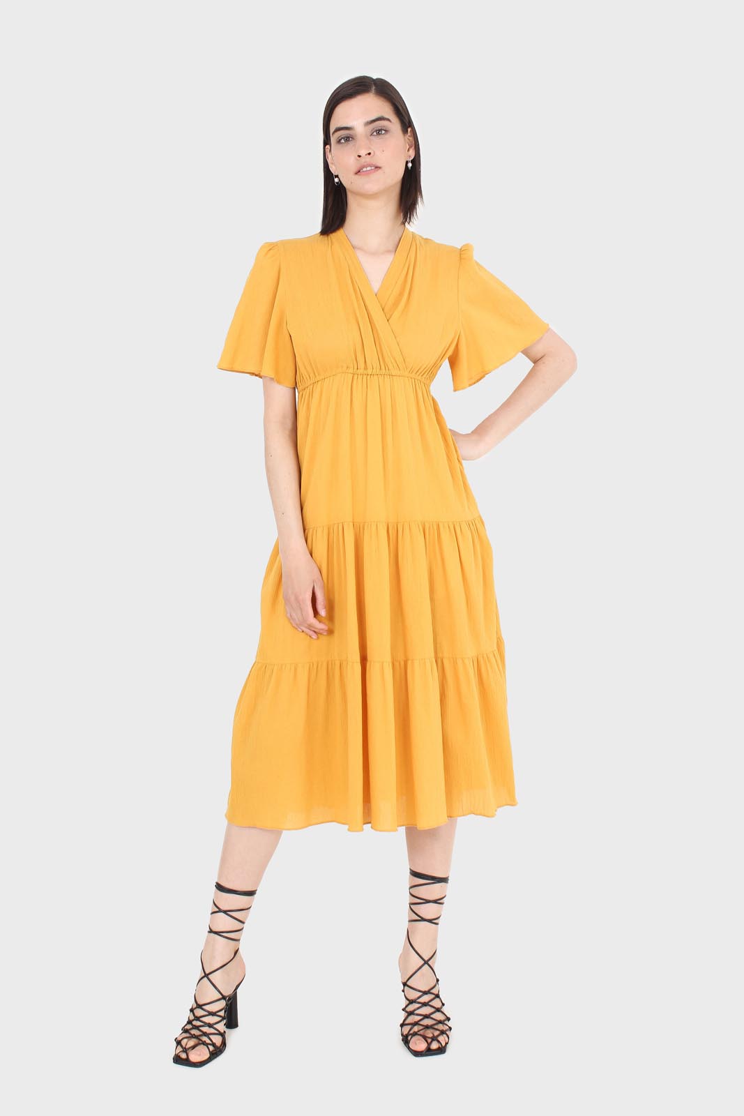 Mustard yellow v-neck tiered maxi dress