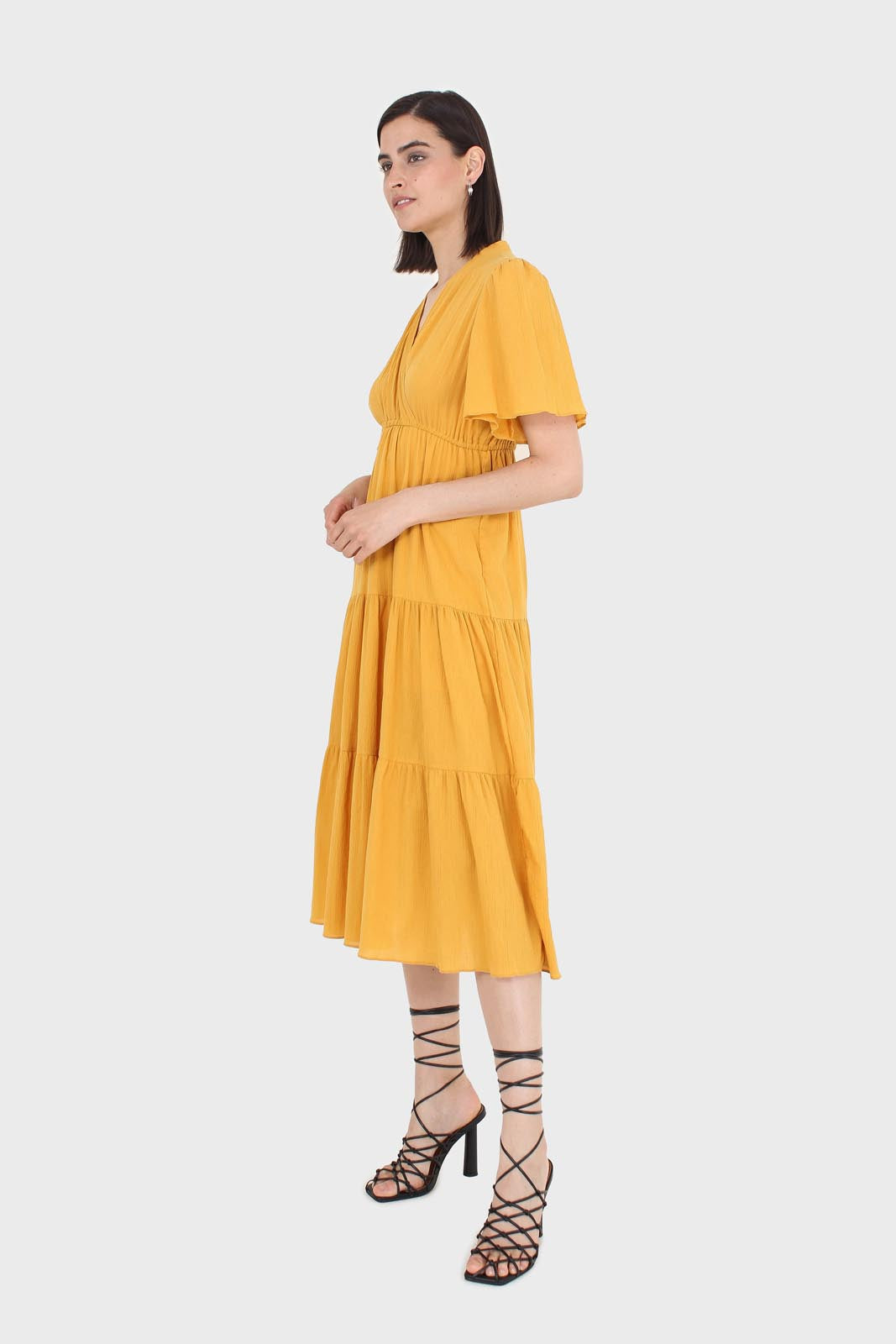 Mustard yellow v-neck tiered maxi dress