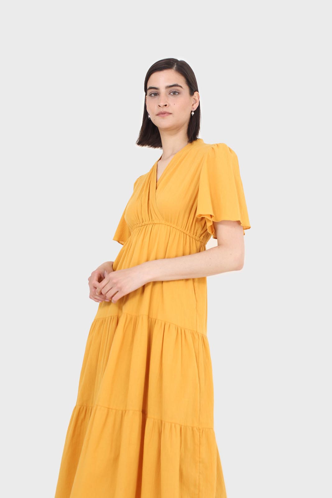 Mustard yellow v-neck tiered maxi dress