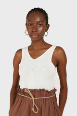 Ivory ribbed double V-neck knit tank