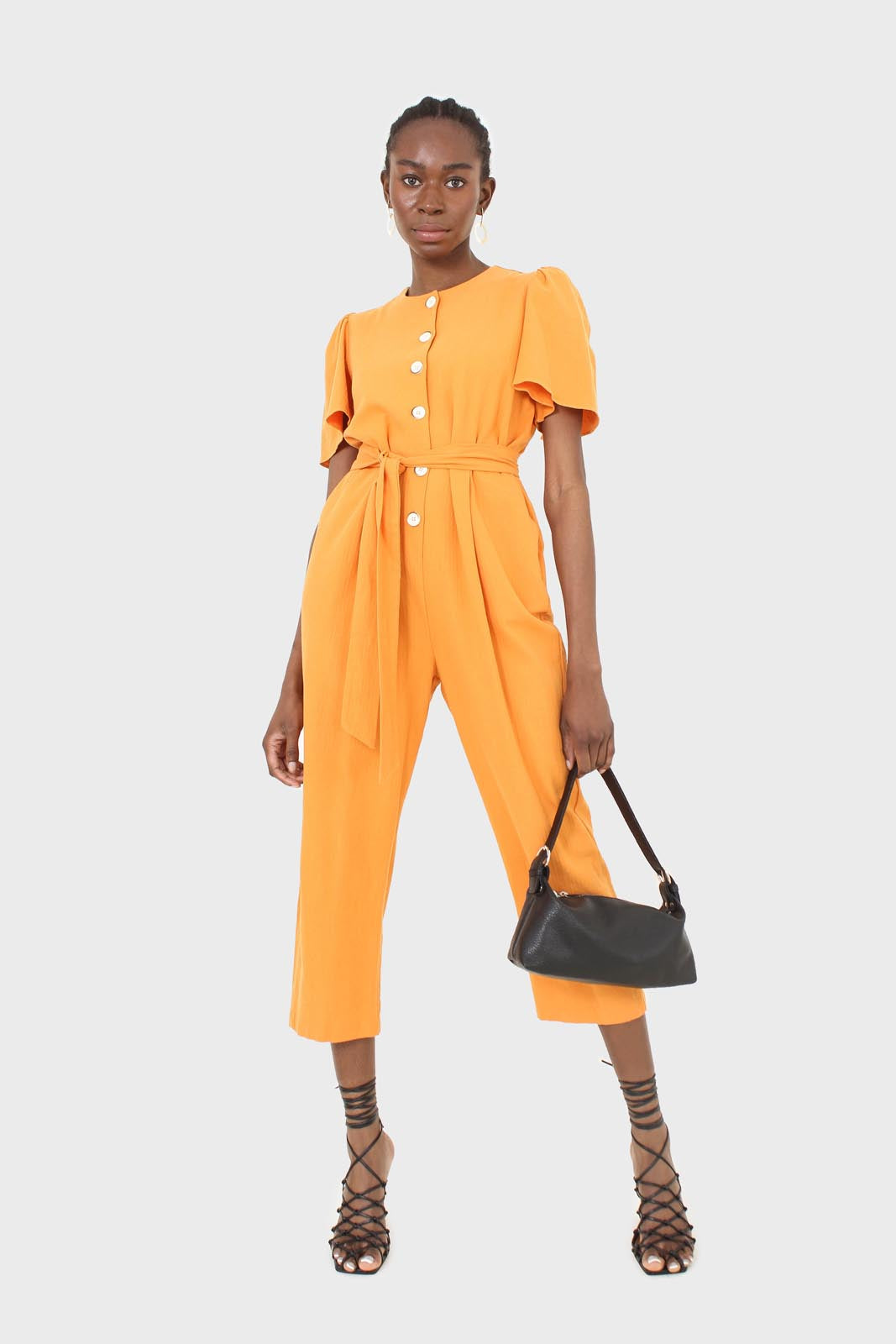 Orange belted short sleeved jumpsuit