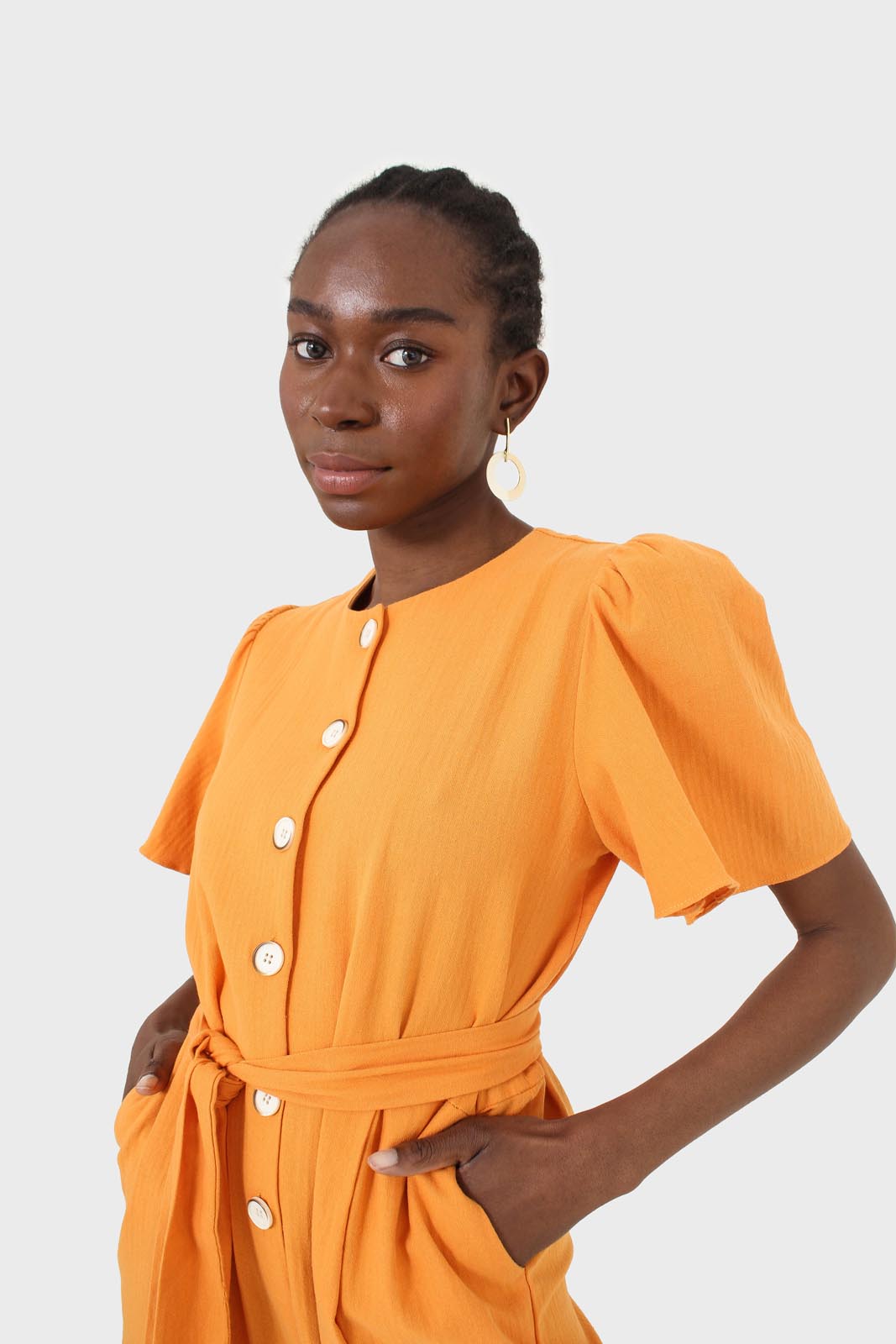 Orange belted short sleeved jumpsuit