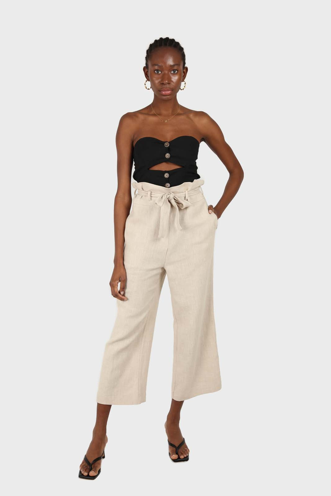 Beige belted wide leg linen trousers