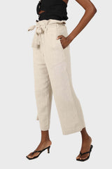 Beige belted wide leg linen trousers