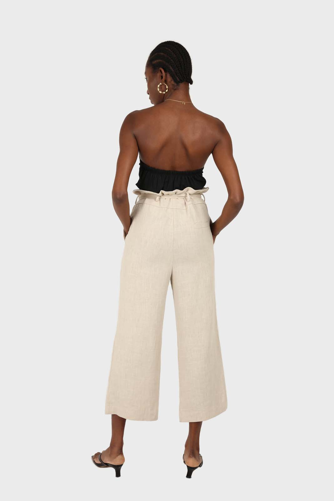 Beige belted wide leg linen trousers