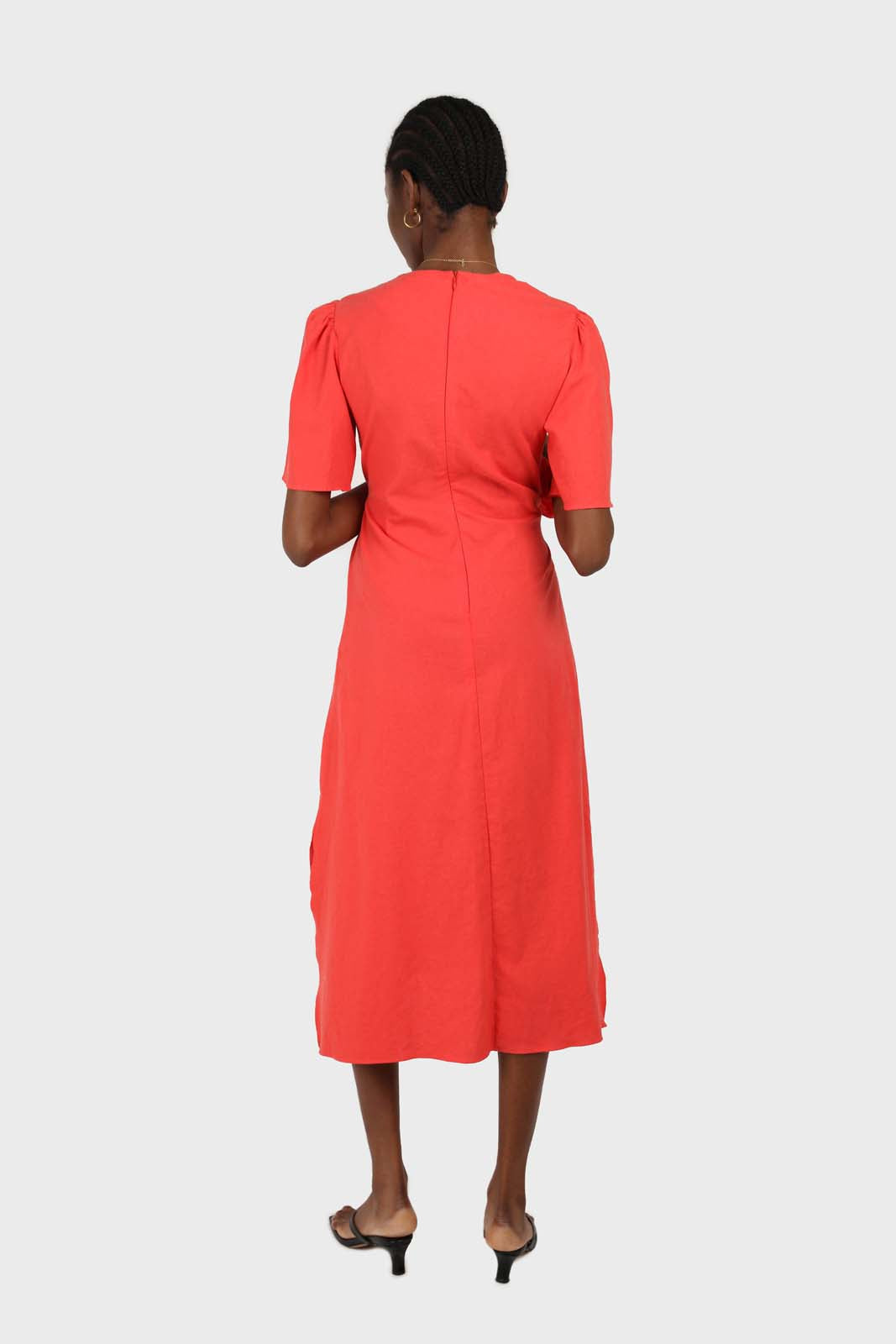 Red tie front short sleeved linen dress