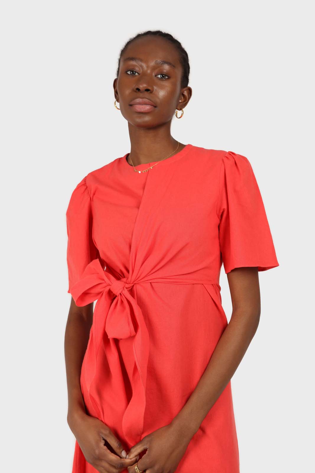 Red tie front short sleeved linen dress