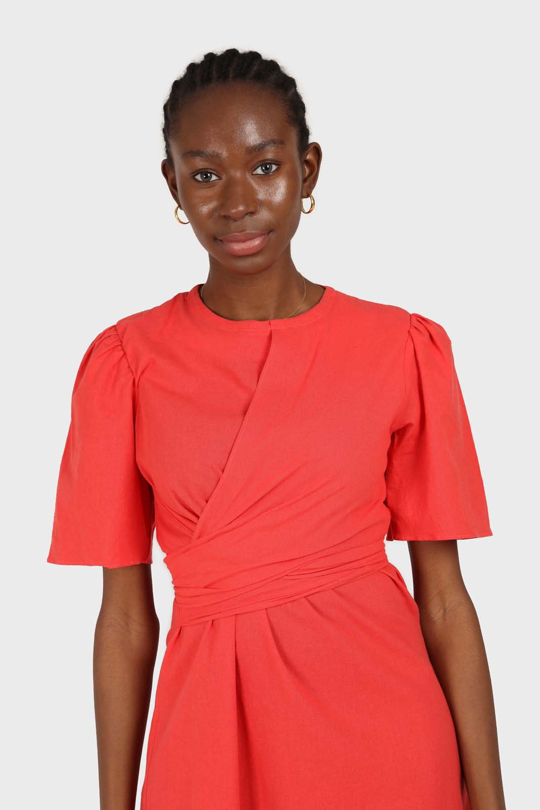 Red tie front short sleeved linen dress