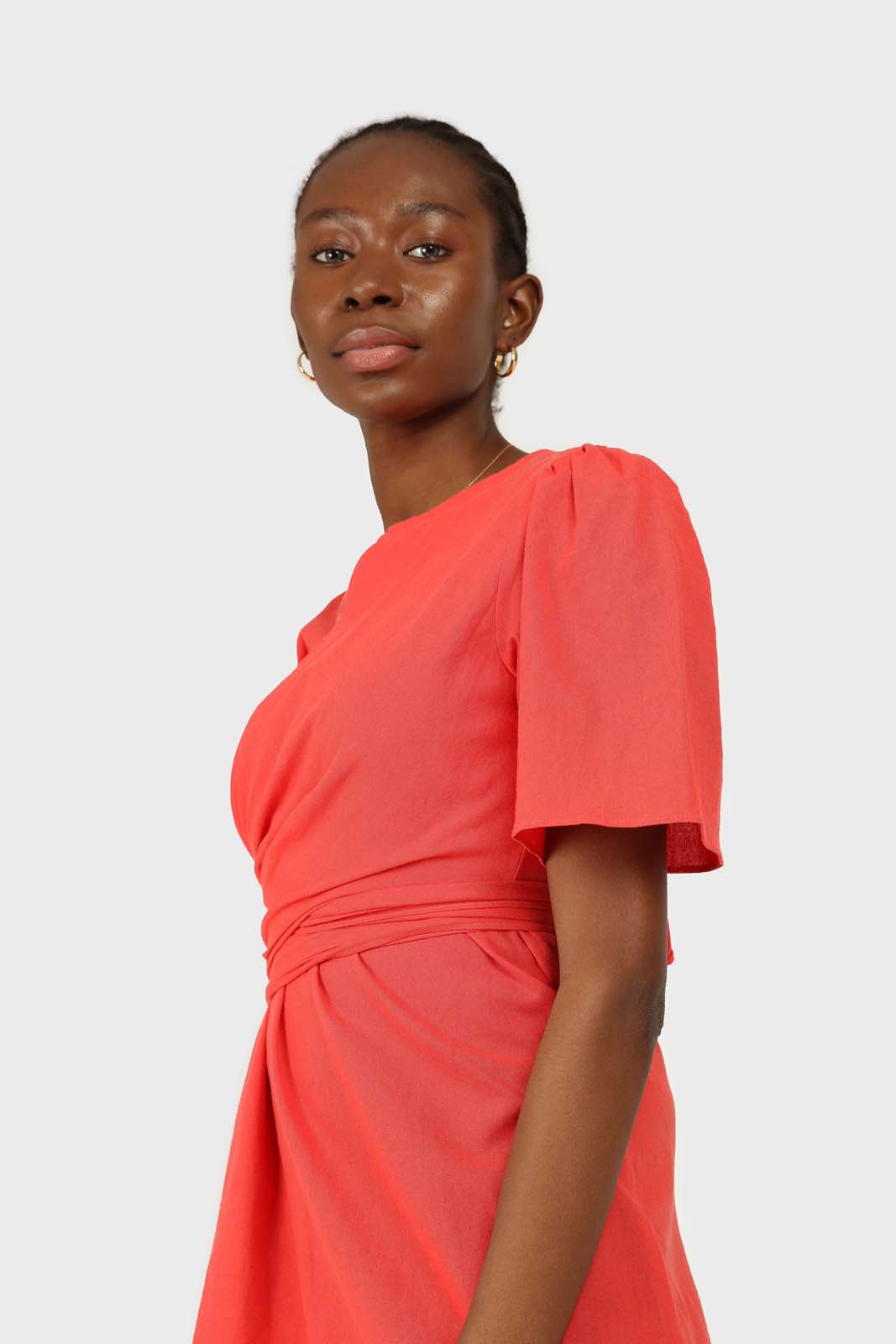 Red tie front short sleeved linen dress