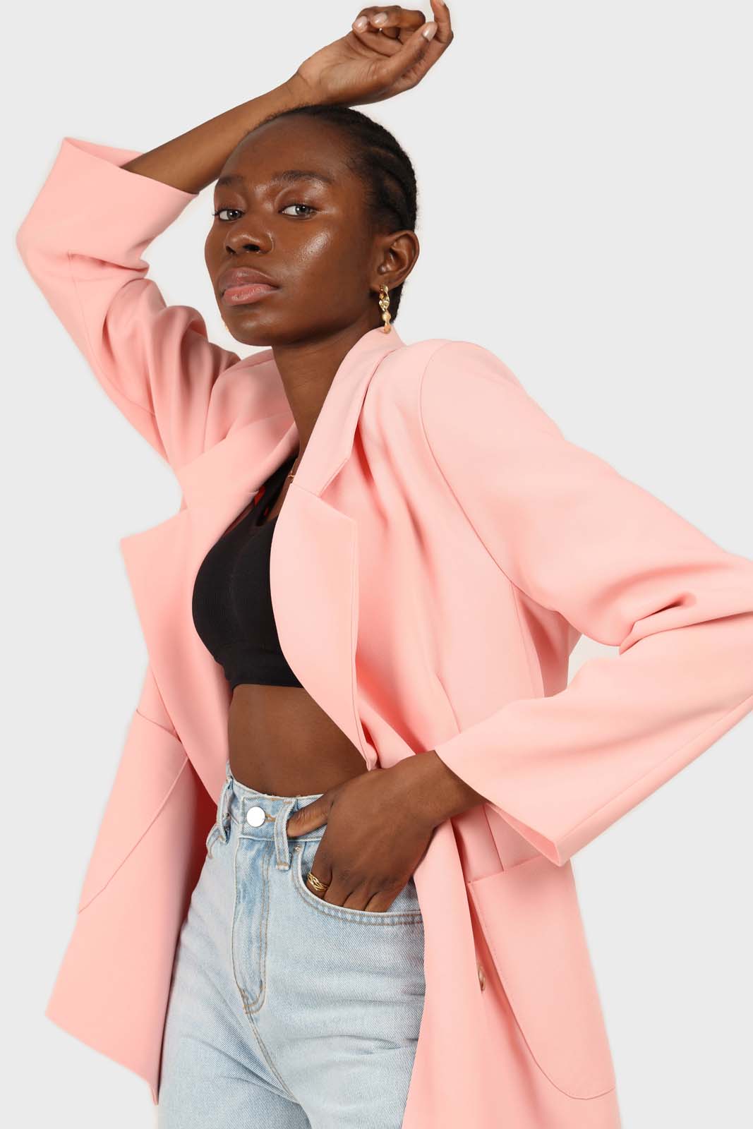 Baby pink belted oversized jacket