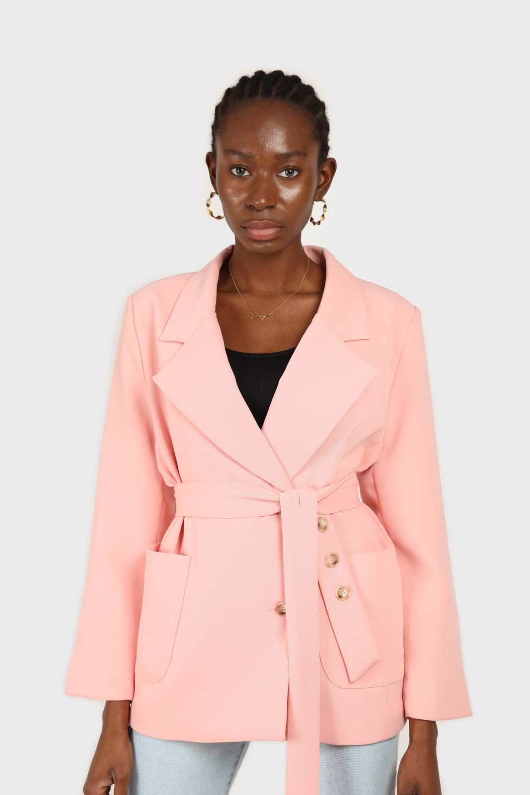 Baby pink belted oversized jacket