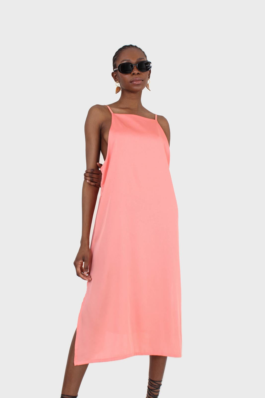 Bright orange thin strap silky maxi dress