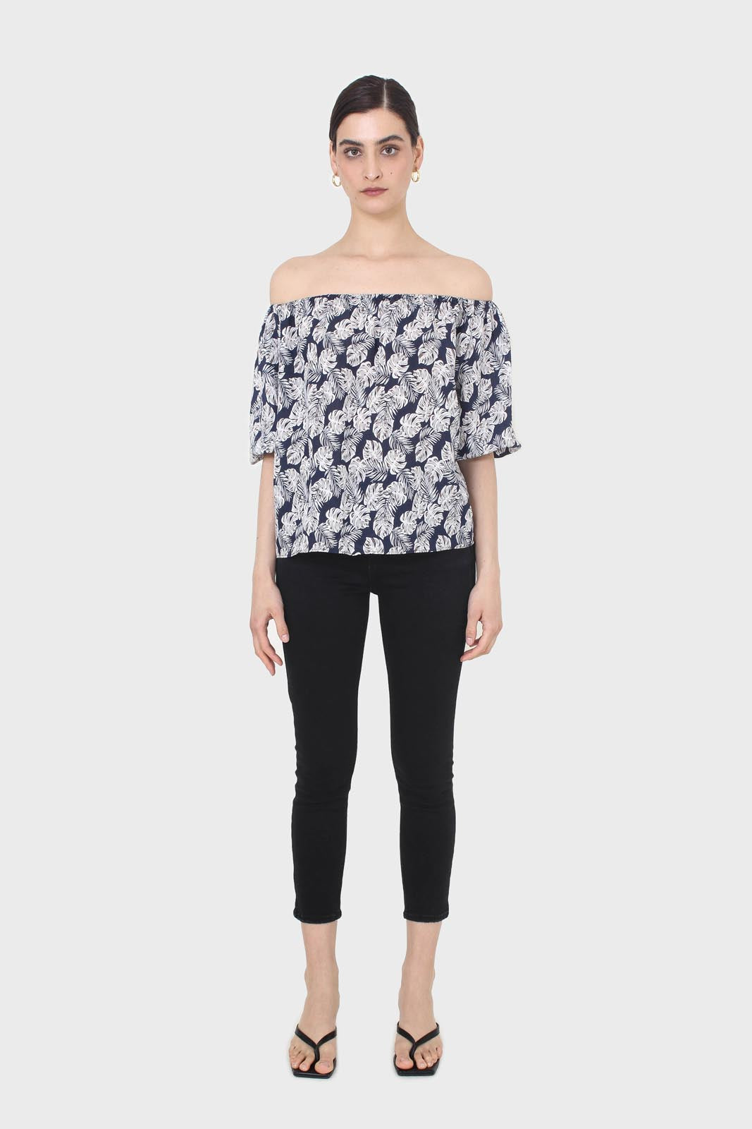 Blue and white floral off shoulder top