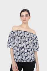 Blue and white floral off shoulder top