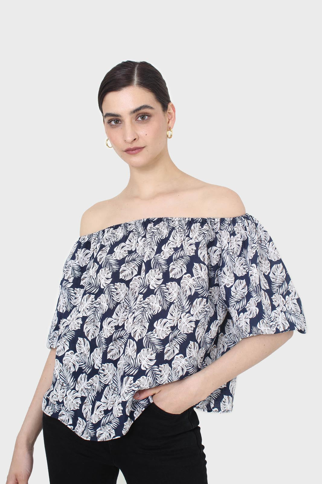 Blue and white floral off shoulder top
