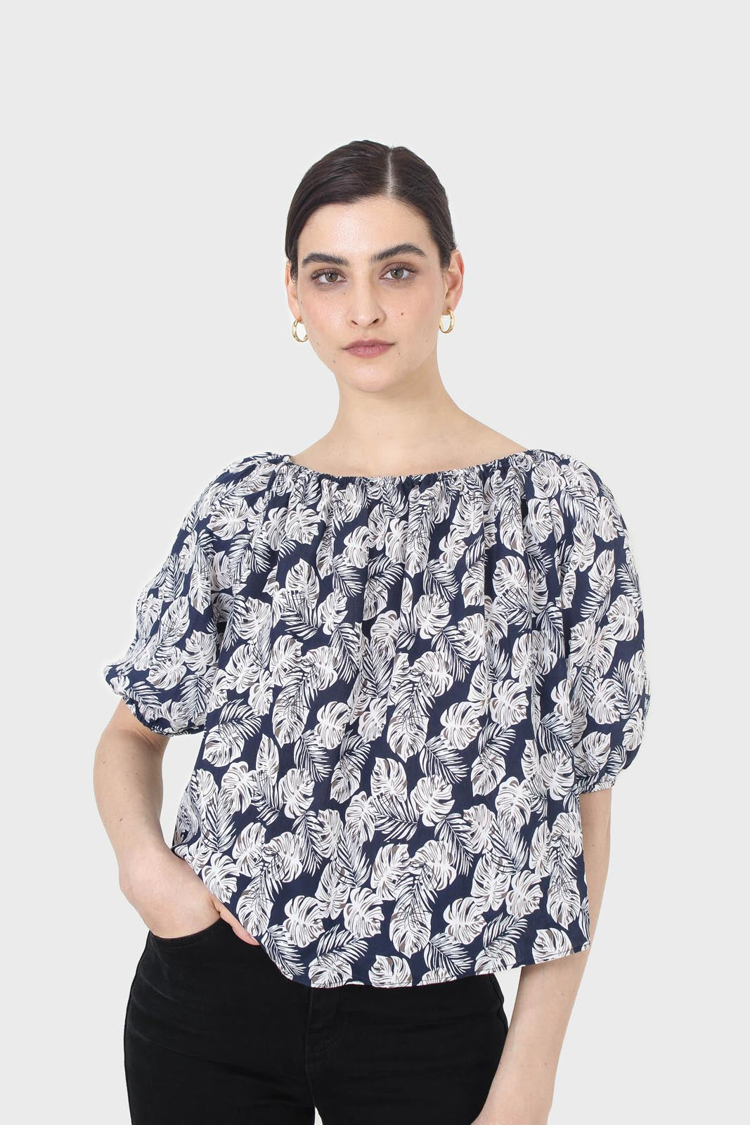 Blue and white floral off shoulder top