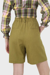 Olive tucked wide fit linen shorts