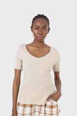 Beige double V-neck ribbed tee
