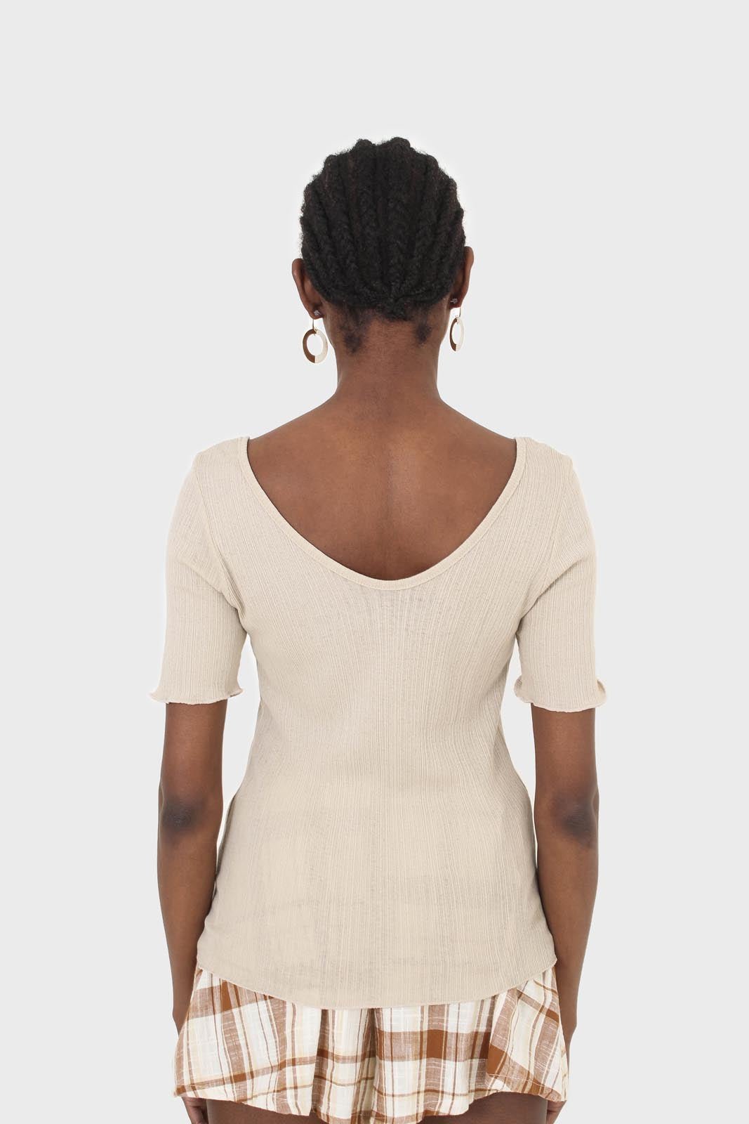 Beige double V-neck ribbed tee