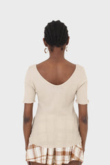 Beige double V-neck ribbed tee