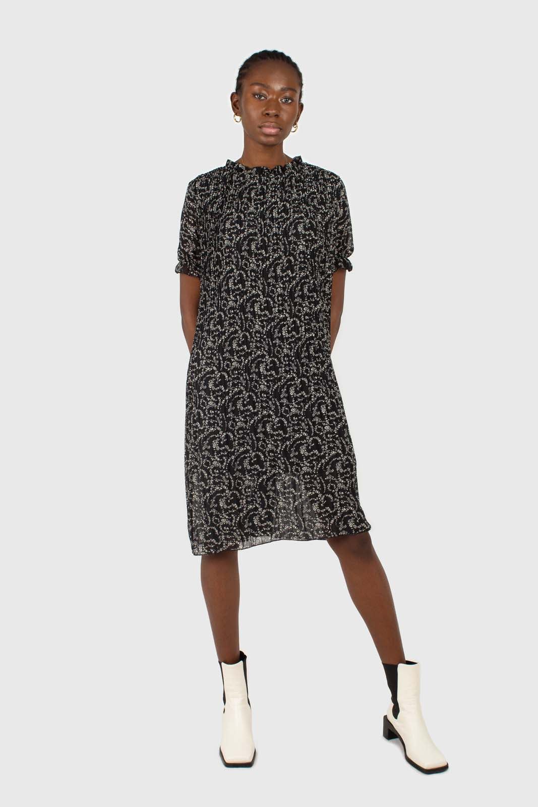 Black and white floral micro pleated belted dress