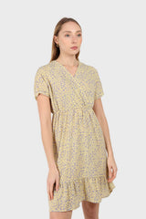 Pale yellow and grey floral V-neck mini dress